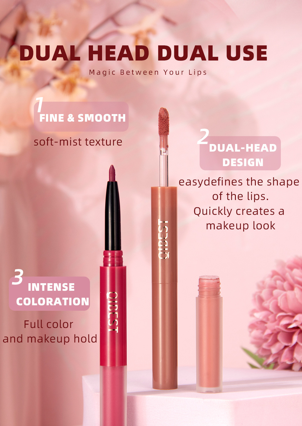QIBEST Cross-border two-in-one Lip gloss and lip liner pen Waterproof matte velvet non-smudging double-headed lip gloss manufacturer wholesale undefined