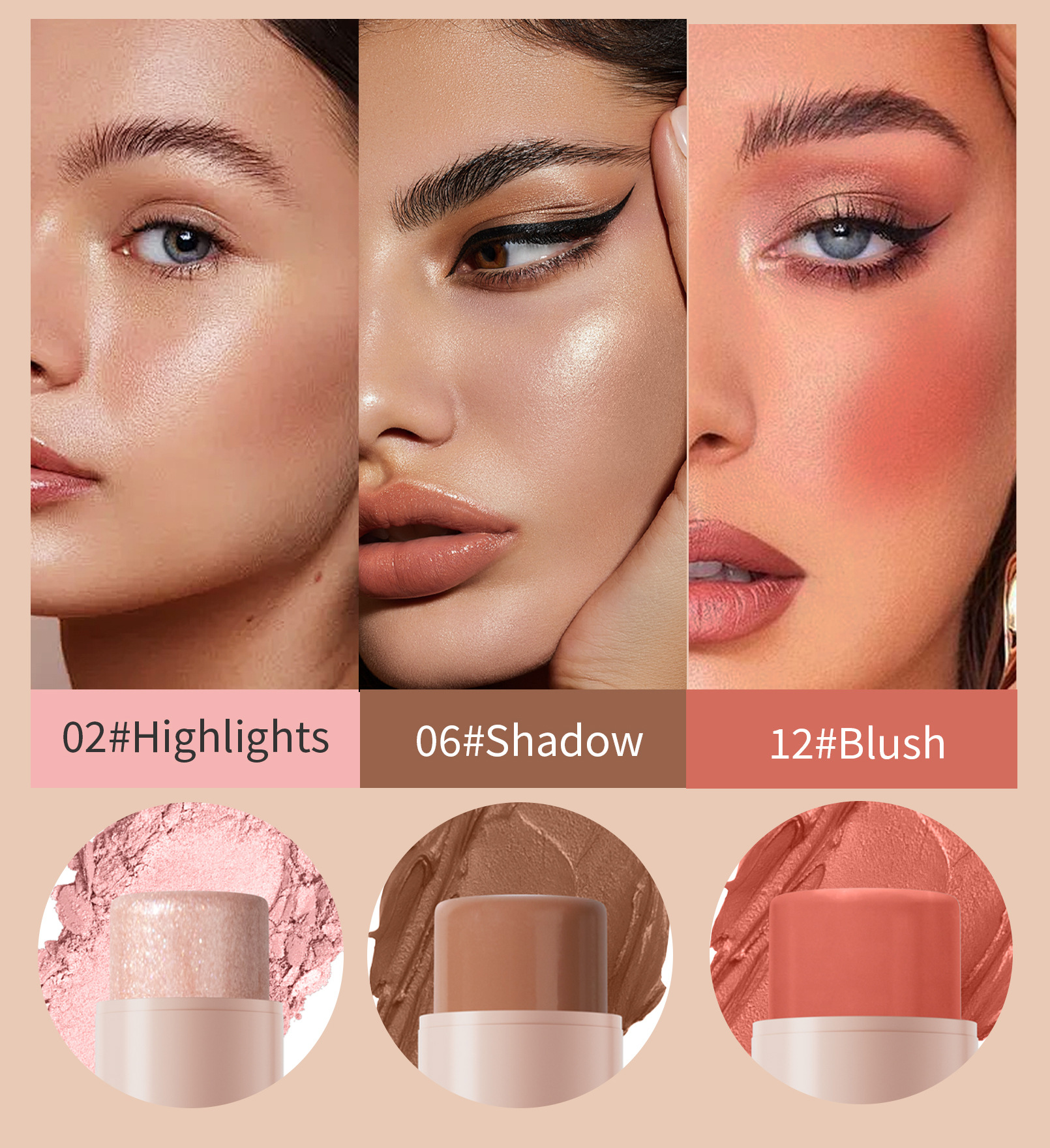 Hellokiss Multi-color Highlighter Blush Makeup Stick Bronzer Three-dimensional Natural Brightening Multi-functional Contouring stick undefined