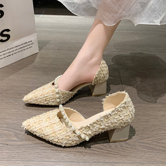 Women's Pointed Toe Single Shoes with Thick Heel, Spring New Pearl Compatible Flat Mouth Gentle Fairy Style Side Empty High Heels