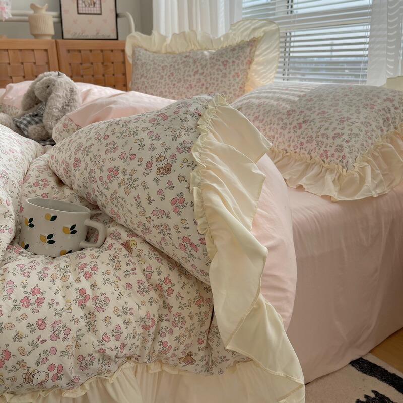 Korean-Style Floral Pure Cotton Four-Piece Set, Traditional Imitation Cotton Lace Duvet Cover, Sweet Style Recommended Bedding Wholesale and Dropshipping