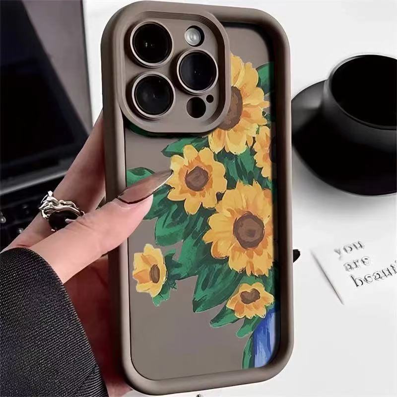 Girasol para iphone16pro funda para teléfono móvil Apple 15 femenino 14 japonés y coreano 13promax nuevo estilo 12 pintura al óleo x