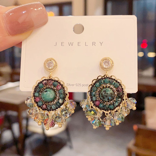 重工款手工水晶流苏耳钉复古轻奢小众百搭银针耳环高级感网红耳饰