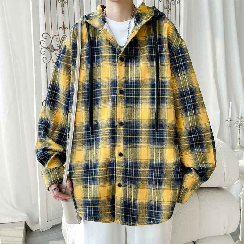 Plaid Hooded Long-Sleeve For Men 2025 Spring New American Retro Style Youth Oversized Loose Shirt Jacket_voghion.com