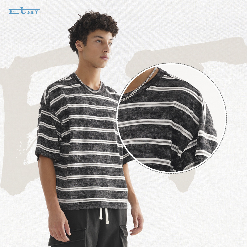 ETAI ropa de hombre de verano camiseta de hombre de manga corta marca de tendencia nueva línea retro de alta calidad versión suelta de la camiseta lavable con agua