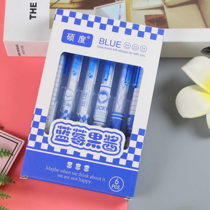 6 piezas en caja ST cabeza de prensa pluma de gel de prensa de alta apariencia estudiante creativo cepillo pregunta pluma mismo color firma pluma