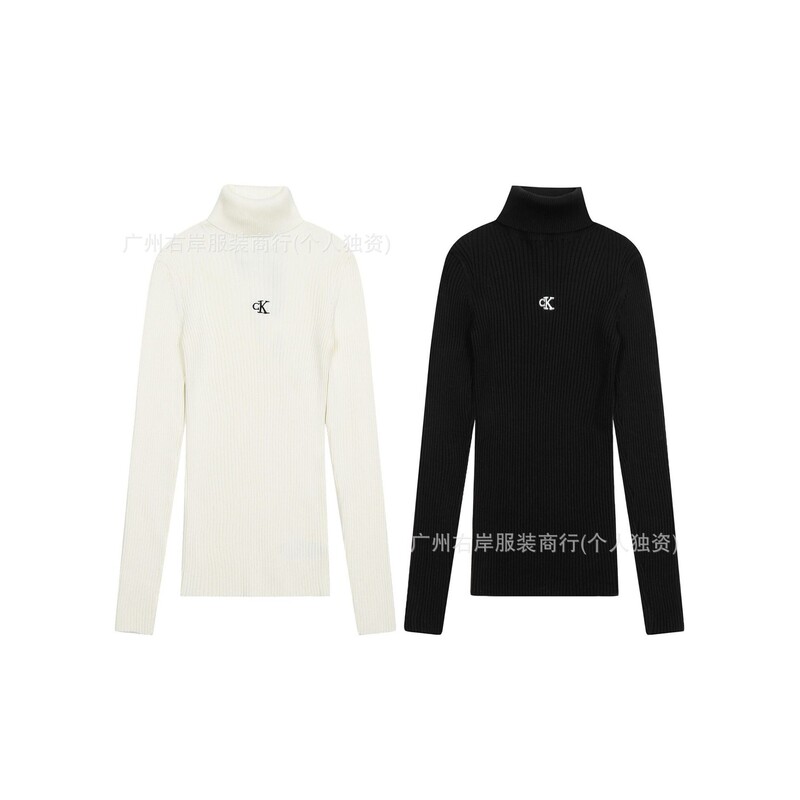 CK embroidered turtleneck sweater, women's autumn/winter slim-fit ribbed base layer, black and white versatile long-sleeve pullover CK embroidered turtleneck sweater, women's autumn/winter slim-fit ribbed base layer, black and white versatile long-sleeve pullover
