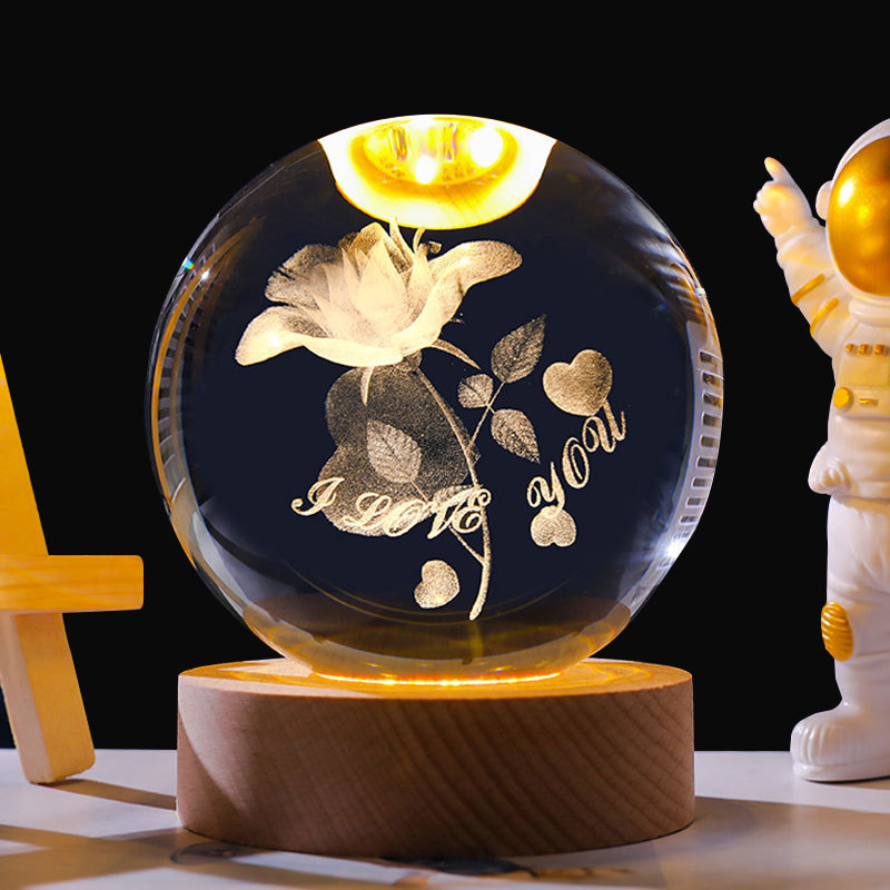 temu amazon una lámpara de noche de cristal de bola galáctica 3D láser interior grabado adornos de madera lámpara de noche galáctica