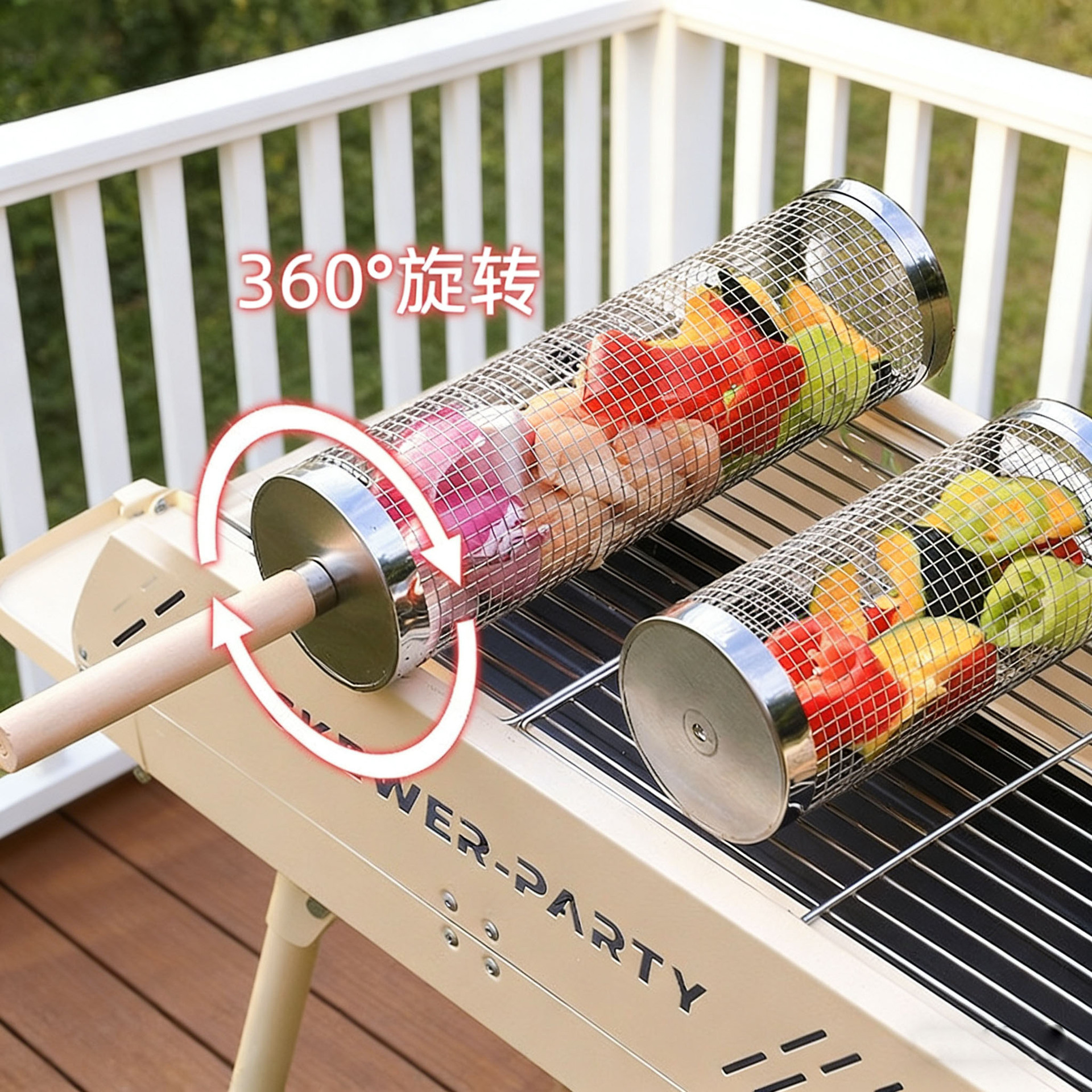 Rolling BBQ Cage Wooden Handle Outdoor Picnic BBQ BBQ Basket Round Rotating BBQ Rack Portable BBQ Net Cross-Border 4