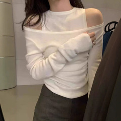 韩系【气质女人】2025秋季新款撞色假两件设计一字肩休闲针织衫女