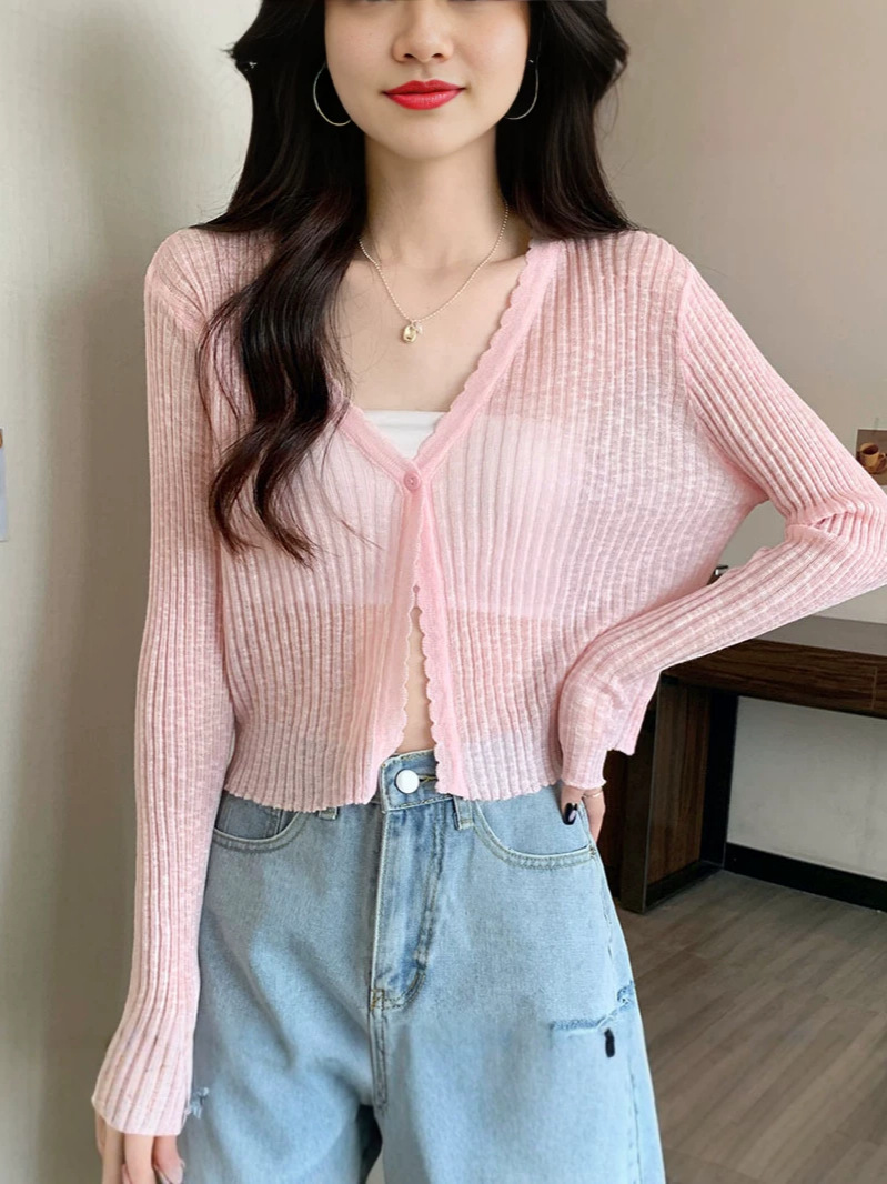Áo len dệt kim cổ chữ V dài tay mỏng nhẹ chống nắng mùa hè — đen