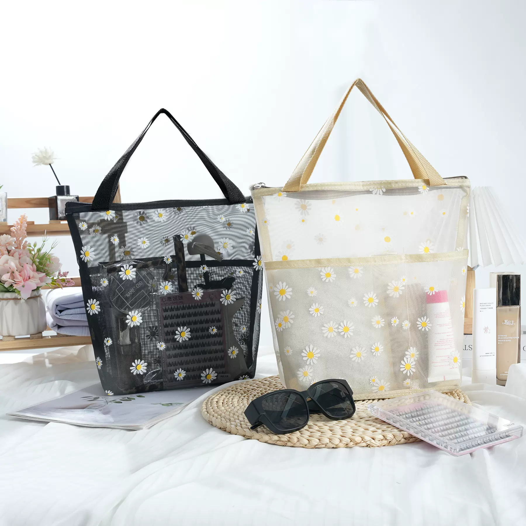 跨境手提旅行浴室洗漱袋户外游泳沙滩包学生印花网沙洗漱包便携