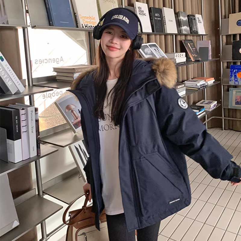 2025 Winter New Style Fur Collar Parka down Jacket for Women, Loose Korean Version, Petite White Duck down Workwear Coat