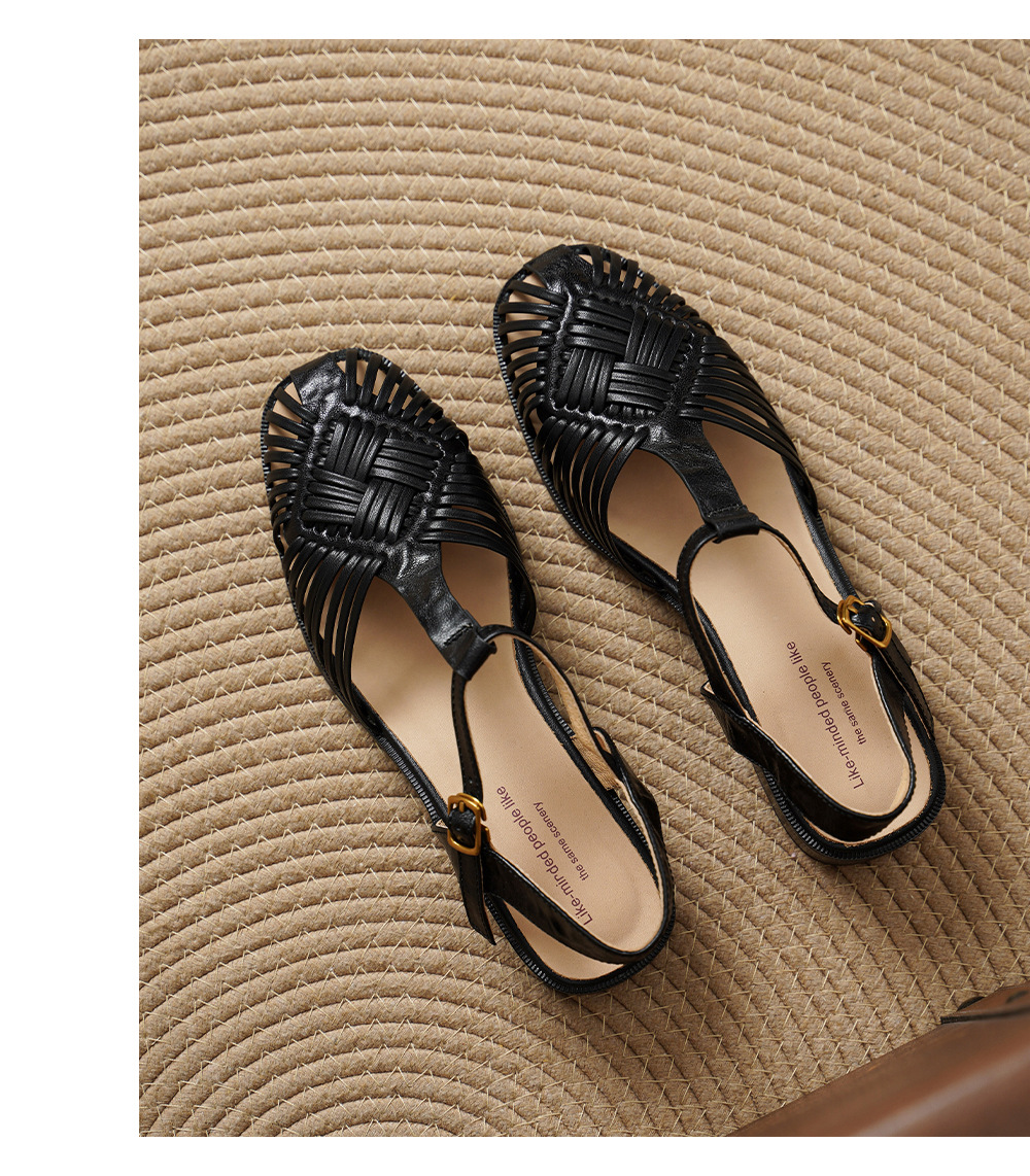Sandal nữ quai ngang T-clasp gót thấp 4 cm phong cách vintage dệt rỗng — đen chi tiết 17