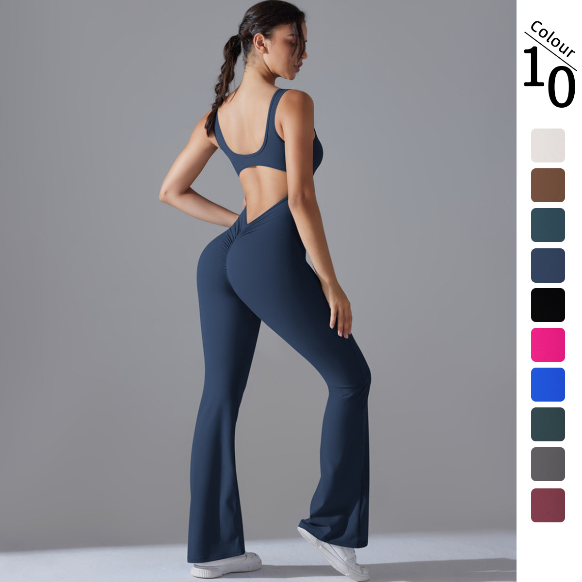 Nueva ropa de yoga de una pieza larga y delgada de pierna ancha de color sólido transfronterizo