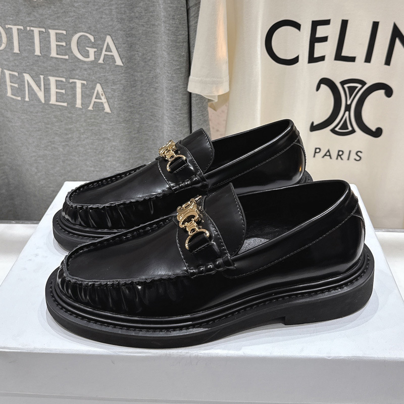 Guangzhou Original Brand Counter-Quality European and American Big-Name Genuine Leather Women's Shoes with Metal Horsebit Buckle Slip-On Loafers Trendy