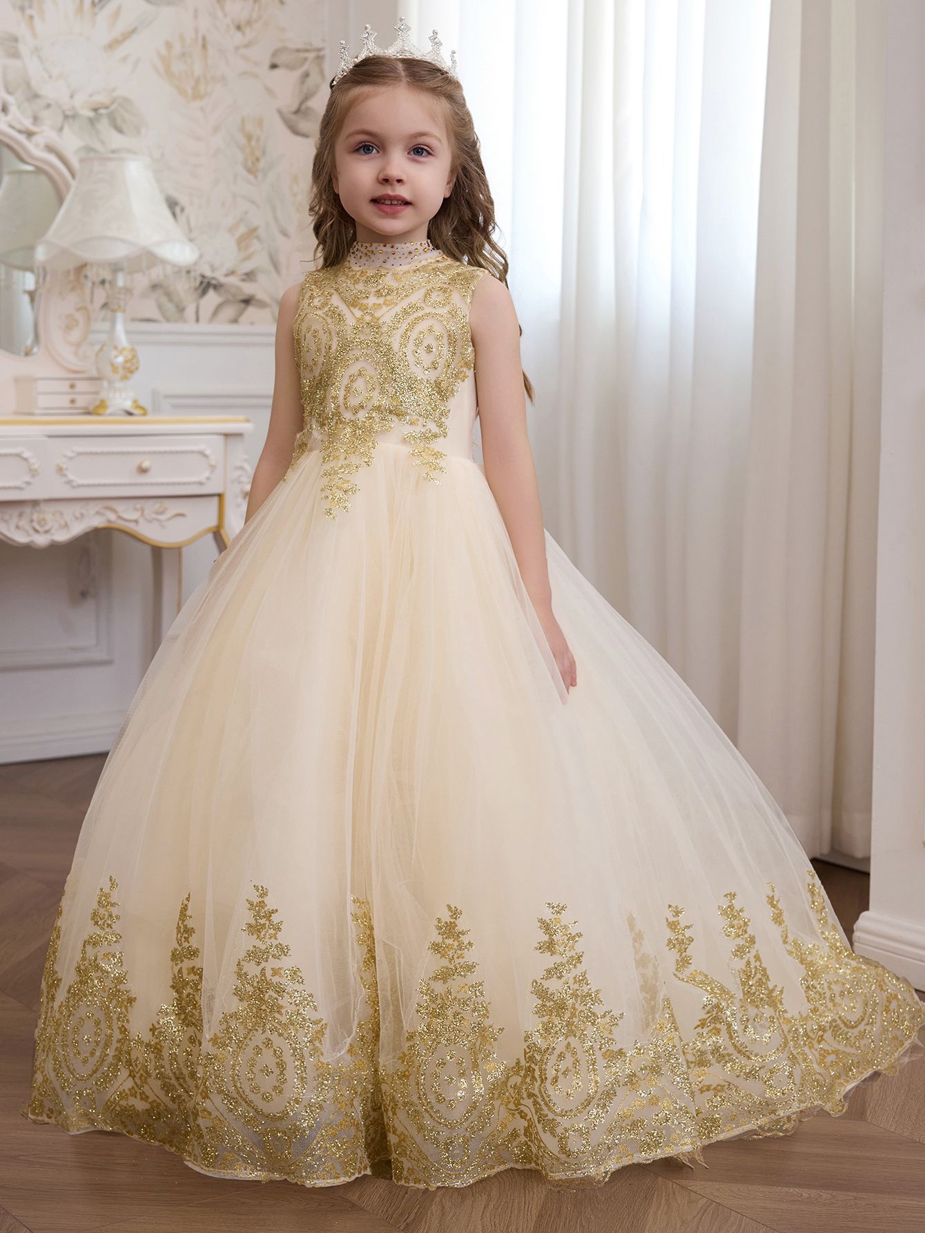 Vestidos de boda transfronterizos europeos y americanos para niñas, vestidos sin mangas para niñas, vestidos de presentación, vestidos de princesa con cola abullonada para niñas de las flores.