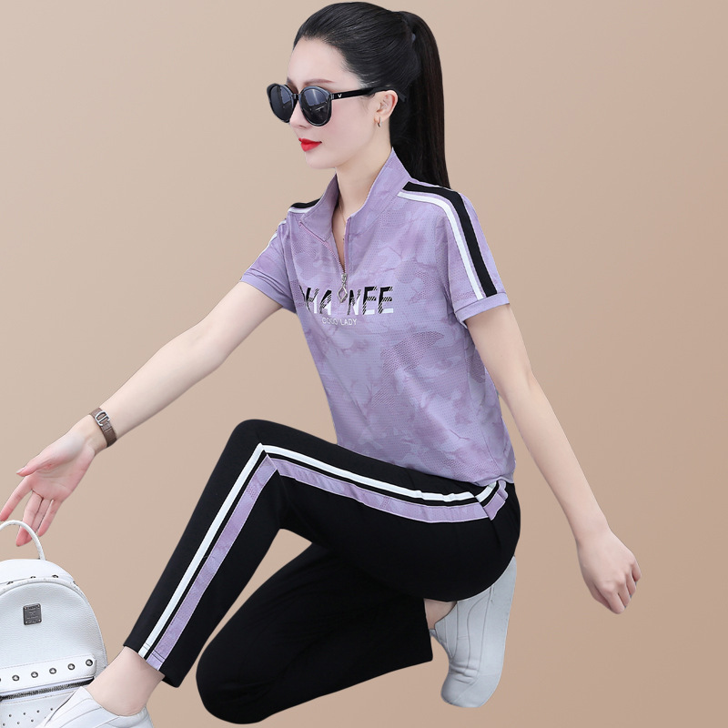 Sports Suit Women's Summer Thin Hollow-out Short-sleeved Small Body-Slimming Running Clothes Famous Brand Pants Casual Two-piece Suit