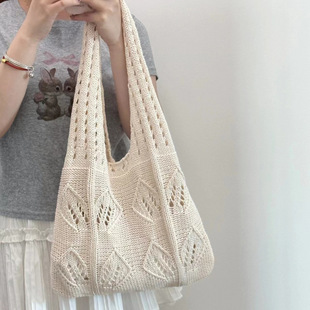& ⇞ Hollow Knitted Women's Bag Summer Vacation Casual Wool Bag Large Capacity Armpit Versatile Literary Bag Single Shoulder