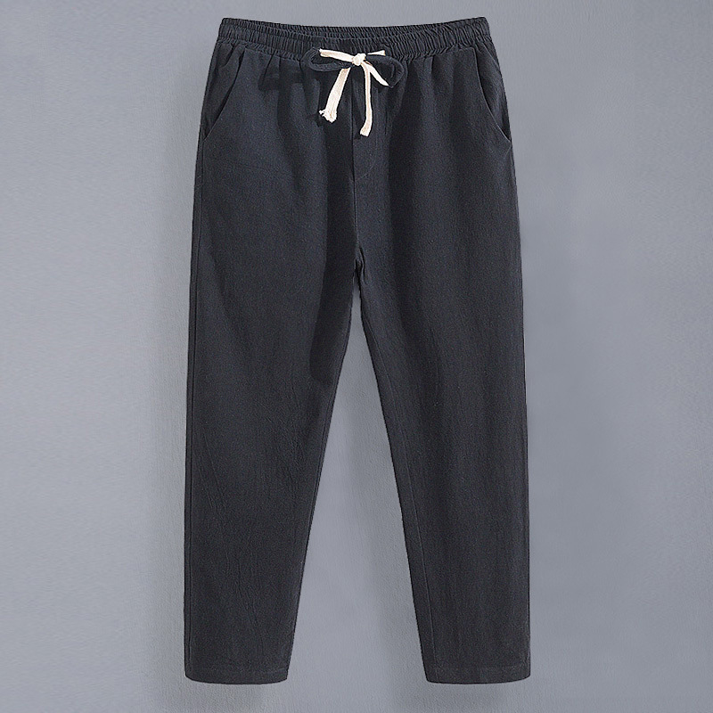 Pantalones cortos de lino casual para hombre, algodón de verano ancho y elástico, material de lino, tubo recto y lavado de grasa, pantalones largos simples de talla grande