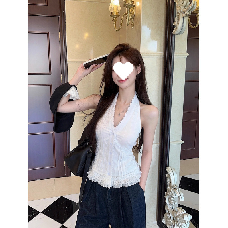 法式蕾丝挂脖吊带背心女夏季气质开衫外穿绝美显瘦鱼骨无袖上衣女|undefined