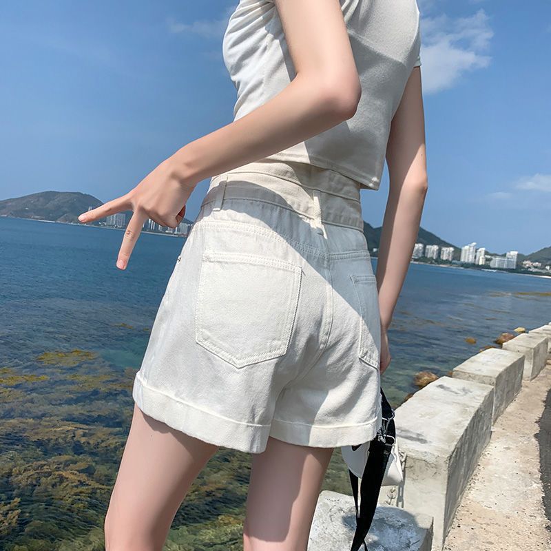 블랙 슈퍼 하이 허리 데님 반바지 여성 여름 새로운 느슨한 슬리밍 와이드 레트로 컬링 A 자형 짧은 핫 조인트