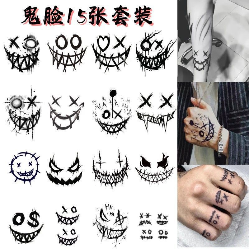 Tattoo Stickers Waterproof Men's Long-Lasting Women's Hand Back Artificial Tattoo Dark Smiling Face Clown Devil Tattoo Stickers Waterproof Men's Long-Lasting Women's Hand Back Artificial Tattoo Dark Smiling Face Clown Devil