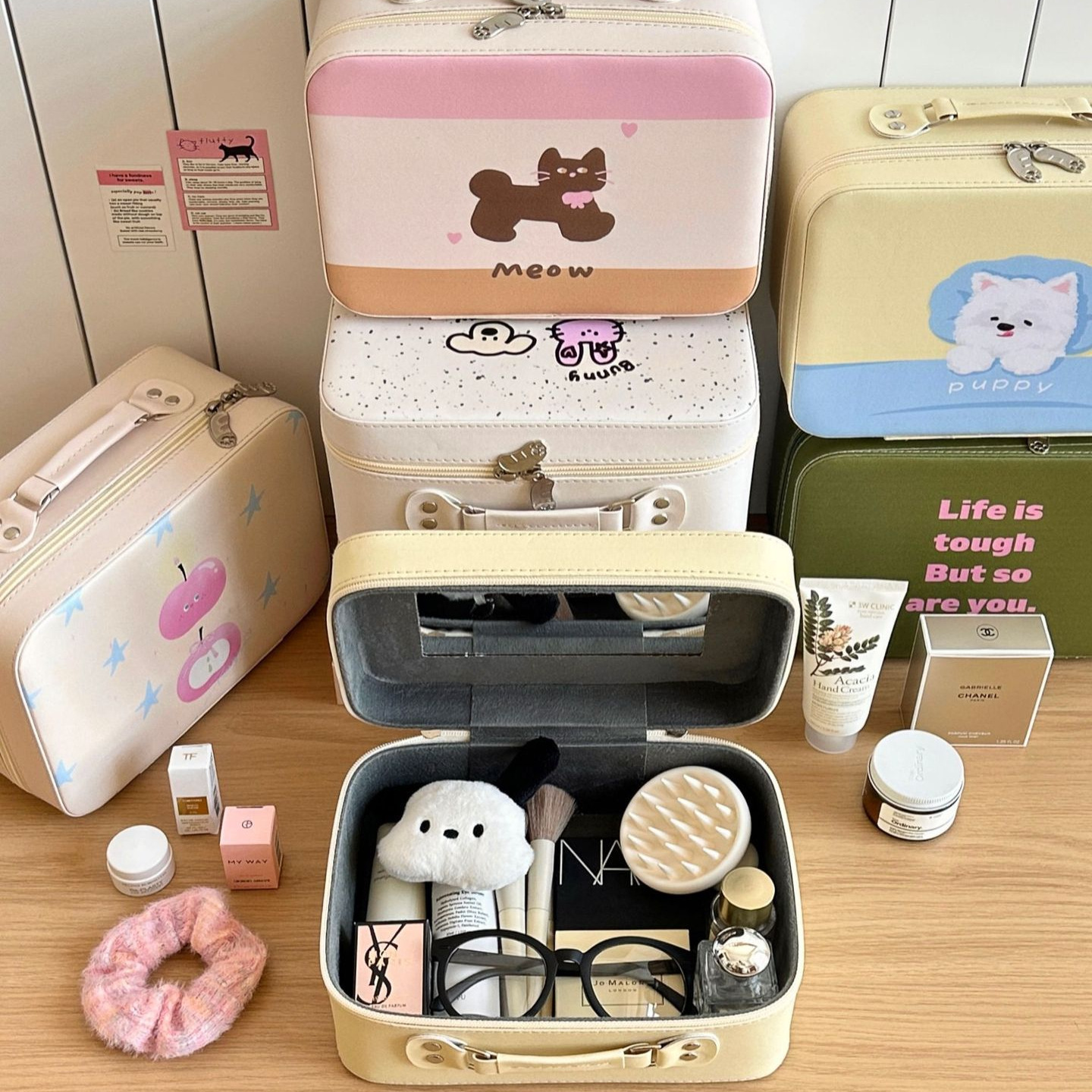 ¡Original! Lindo estuche cosmético impreso, estuche de almacenamiento de productos para el cuidado de la piel de gran capacidad y alto valor, estuche cosmético con espejo