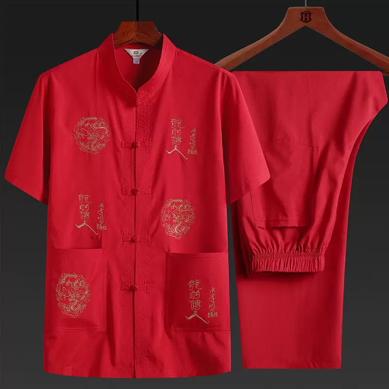 Summer retro silk thin set for boys for elderly, Chinese style, with short sleeve, with embroidery