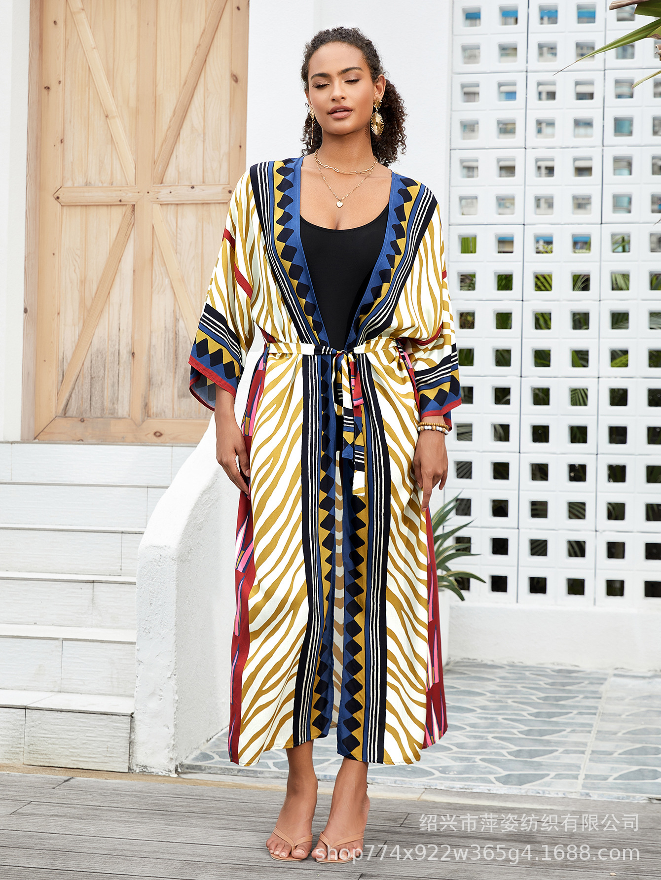 Blusa de playa Cárdigan con estampado de rayón Cárdigan largo bohemio Bikini Protector solar Camisa en traje de baño B006