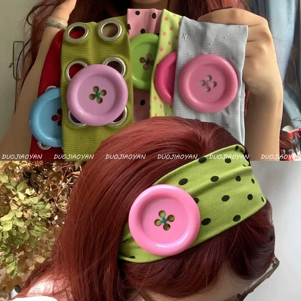 Summer Dopamine Large Button Headband, Fashionable Ins-Style Polka Dot Elastic Headband, Niche Design, Hand-Sewn