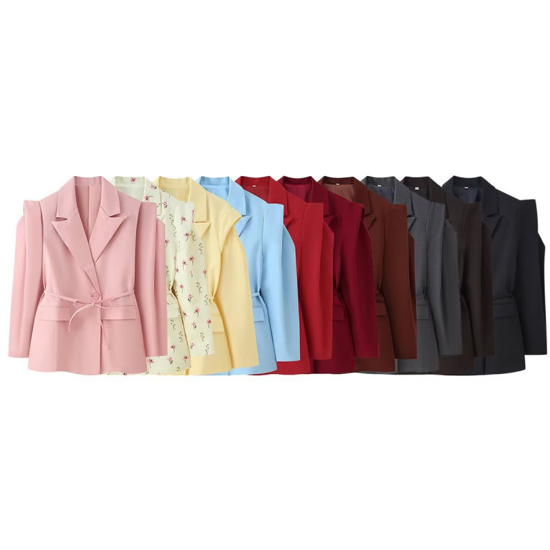 Cross-Border European and American Fashion Aliexpress Hot-Selling Stylish Commuter Waist-Cinching Belted Shoulder-Padded Blazer