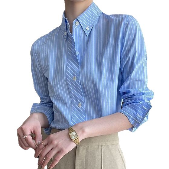 蓝色条纹衬衫女长袖2025春秋季新款法式复古洋气衬衣高级轻奢港味|undefined