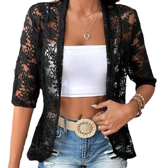 Модный кружевной цветной кардиган, 2024 год, Aliexpress, европейский стиль, с коротким рукавом