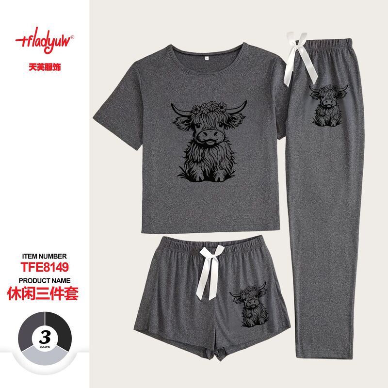 Cross-Border Amazon European and American Summer New Style Western Bull Head Print 3-Piece Set Short-Sleeved Shorts and Long Pants Casual Suit for Women