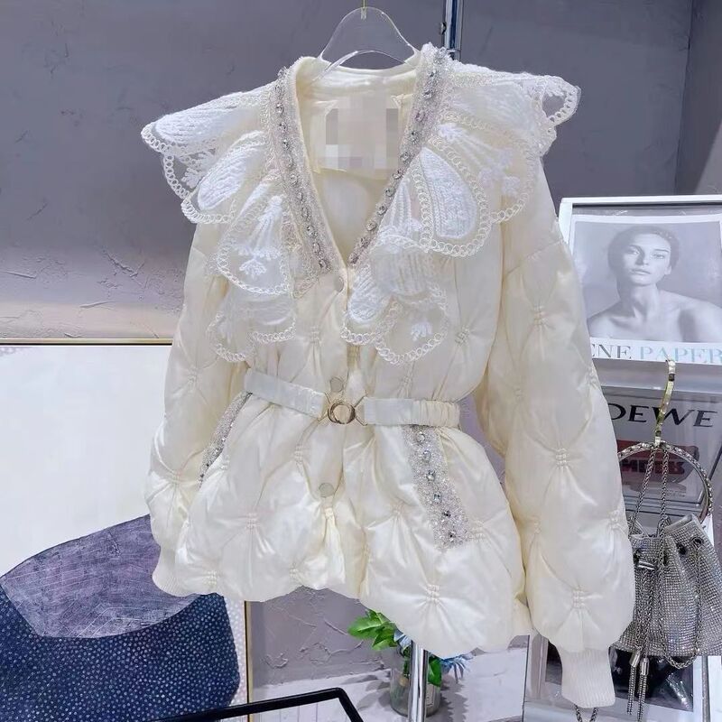 Winter New Korean Style Sweet Heavy-Duty Rhinestone Lace Doll Collar Waist Slimming Warm down Cotton Jacket