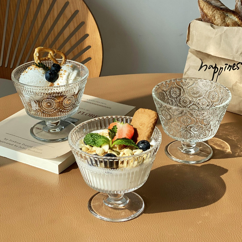 Retro en relieve sol de vidrio bol inswind helado casero helado helado bol yogur avena desayuno bol postre
