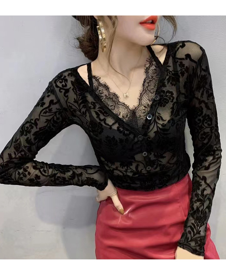 ​​"Beflocktes V-Ausschnitt-Langarmshirt aus Mesh – Sonnenschutzbluse aus Hohlspitze für Damen"​​_voghion.com