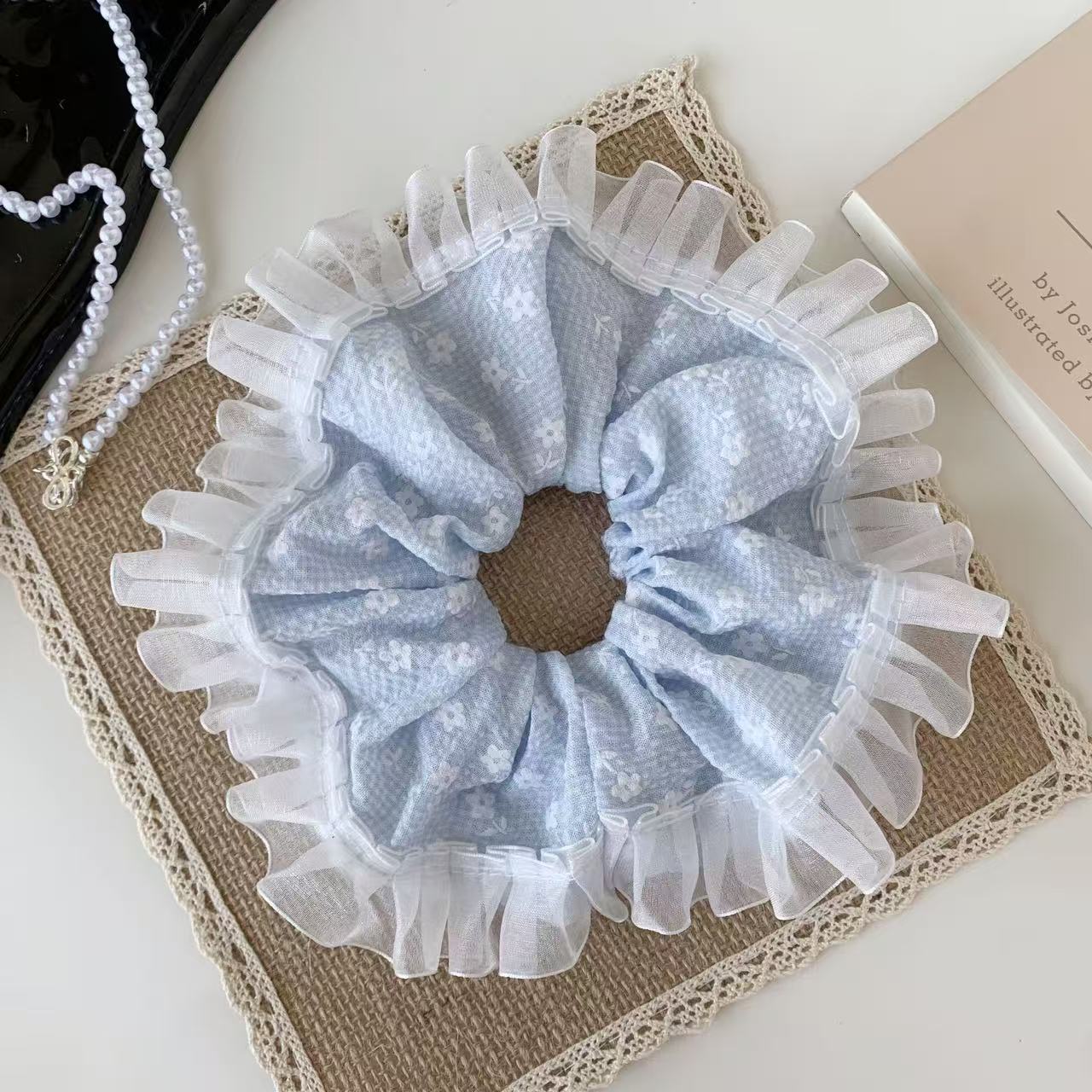 5721 라지 헤어타이-작은 흰꽃 레이스 블루 (17cm)