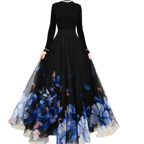 Spring and Summer High-Waist Slimming Double Layer Mesh Swing Flower Print Long Dress Square Dance Little Formal Skirt