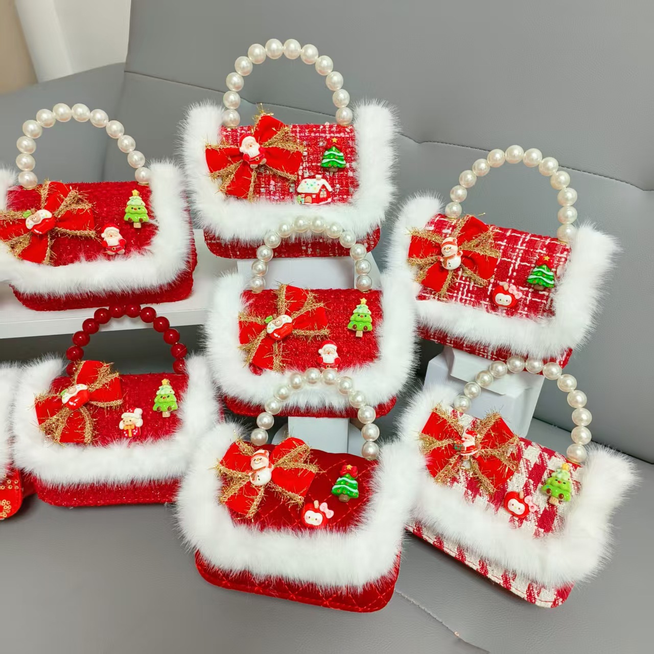 Gran bolso de perla de arco rojo, Santa Claus, bolso de Año Nuevo, cartera de Año Nuevo, hombro, pequeño viento fragante