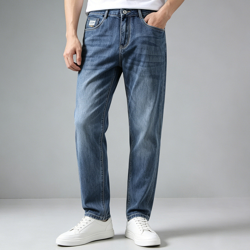 Men's Slim-Fit Five-Pocket Jeans with Whiskered Wash, Tapered Cropped Pants for Spring and Summer Fashion 2W101