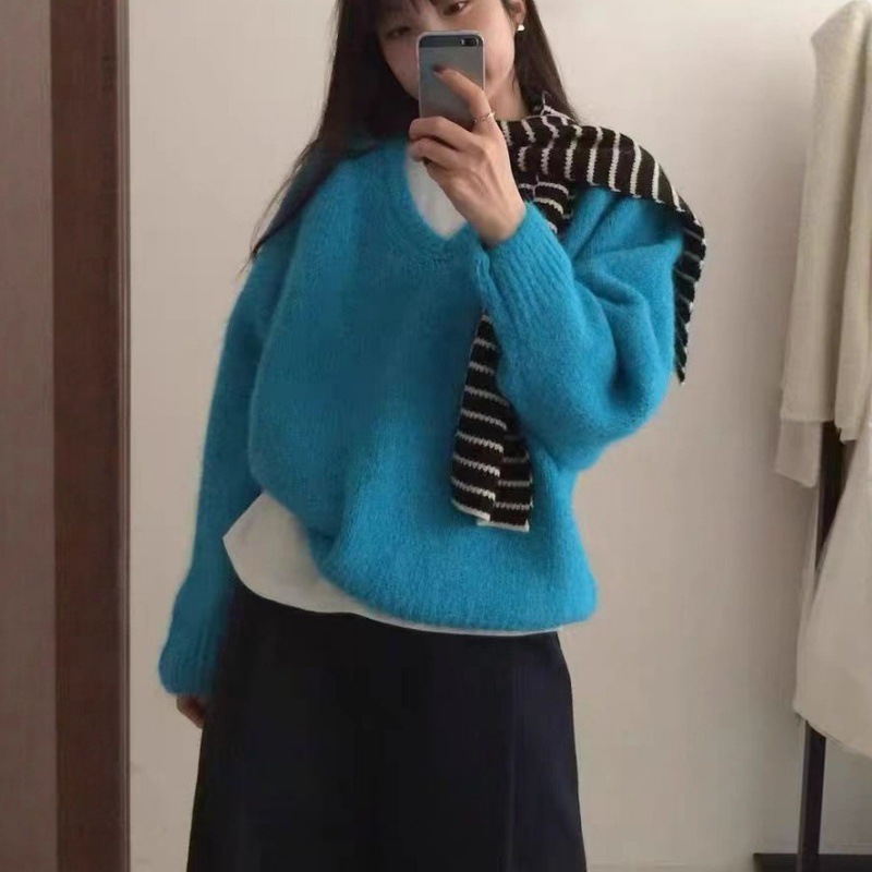 韩系秋冬新款套头毛衣女V领宽松休闲高级感软糯慵懒针织女装上衣|undefined