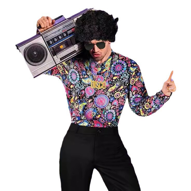 Men's 70S Disco Costume Retro Floral Shirt and Flared Pants Two-Piece Stage Performance Outfit Set