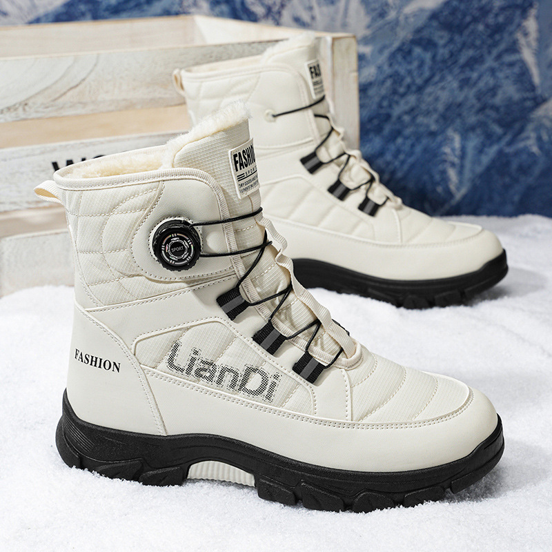 Invierno transfronterizo nuevo tipo de hombre botas de nieve de fondo grueso de alto impacto con veludo grueso calentamiento botón giratorio antideslizante zapatos de algodón resistentes al desgaste