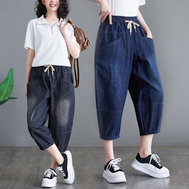 Actual Shot of 2025 Summer New Drawstring Elastic Waist Loose Casual Wide-Leg Pants for Women Solid Color Cropped Jeans