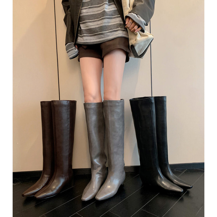 Looks Great and Attracts a Lot of Attention~ French Style Height-Increasing Elegant Knee-High Boots, Genuine Leather, Loose-Fitting Over-The-Knee Long Boots, Riding Boots