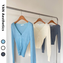 韩国镂空V领蕾丝荷叶边针织开衫小香风新款外穿内搭复古百搭上衣