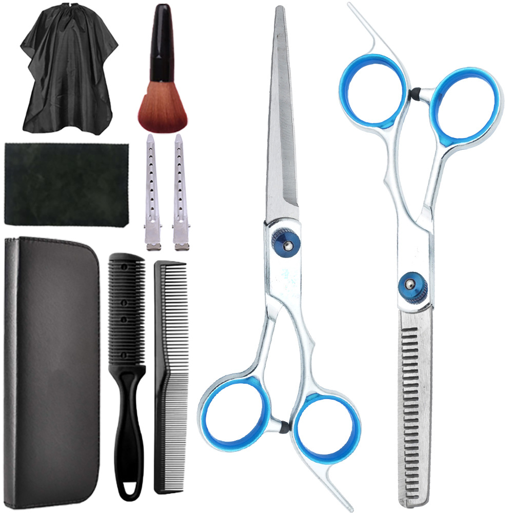 Un conjunto completo de tijeras de corte de pelo al por mayor, tijeras de dientes delgadas profesionales, tijeras planas de reparación de cabello, tijeras para el hogar, fabricantes de herramientas de tijeras para el cabello