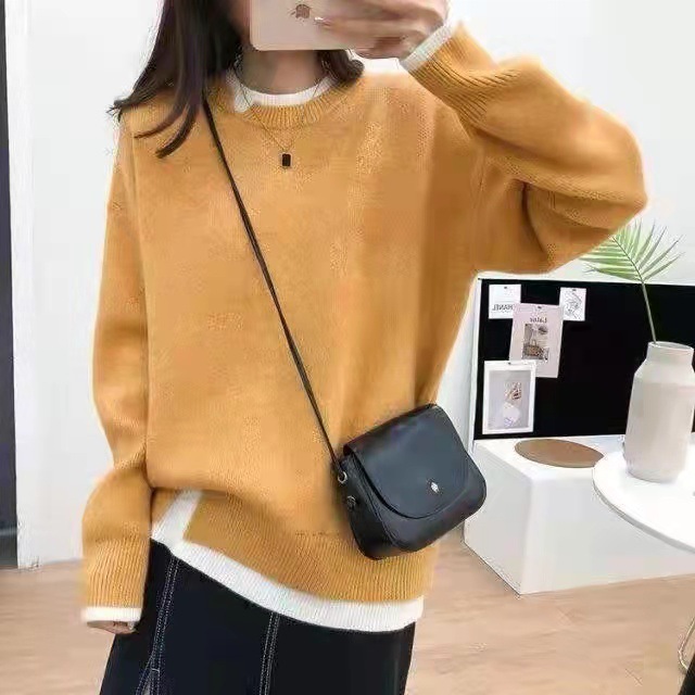 GraceChic GraceChic GraceChic 2021 Two-Piece Knitted Autumn Winter New Korean Version Age-Reducing Loose Soft Casual Color-Block Sweater Coat For_voghion.com