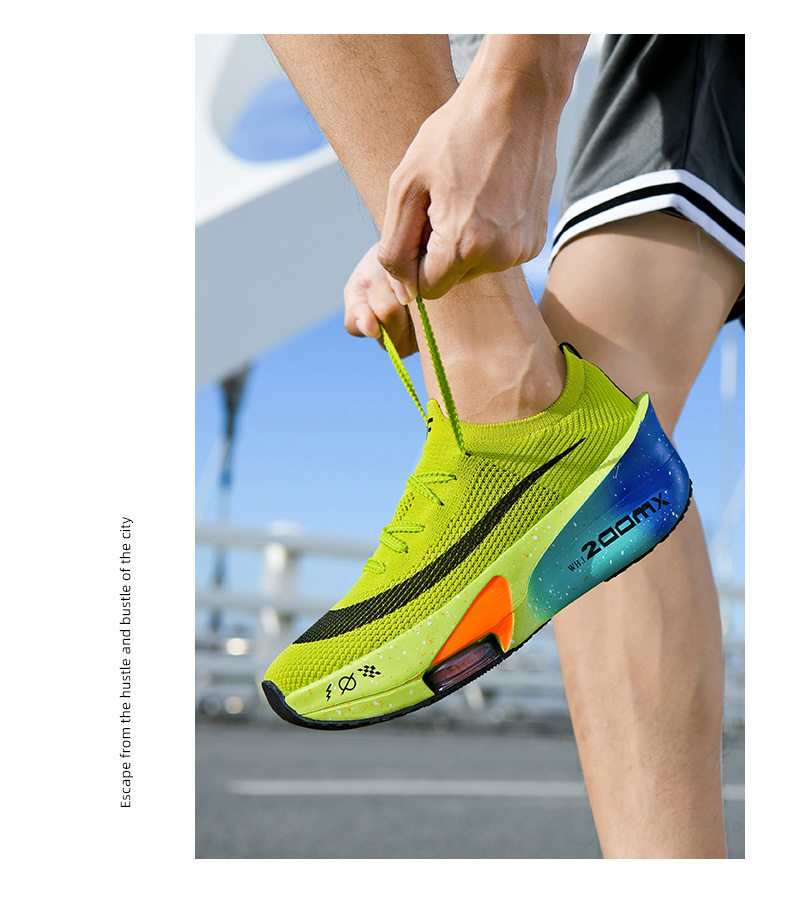 Giày chạy bộ marathon thoáng khí đế cao su, gót vừa 3–5 cm, cổ thấp — Tử Điện, Xanh dạ quang lót lông, Xanh huỳnh quang, Xanh lá phun mực chi tiết 13